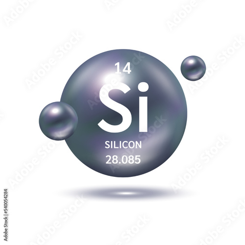 Silicon molecule models black silver and chemical formulas scientific element. Ecology and biochemistry concept. Isolated spheres on white background. 3D Vector Illustration.