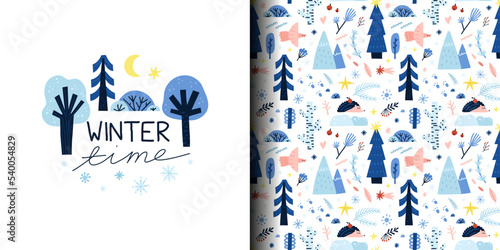 Winter forest seamless pattern and print. Snowy different trees, frozen berries, blue branches, snowflakes. Hand drawn New Year and Christmas textile, wrapping paper, wallpaper nursery. Vector