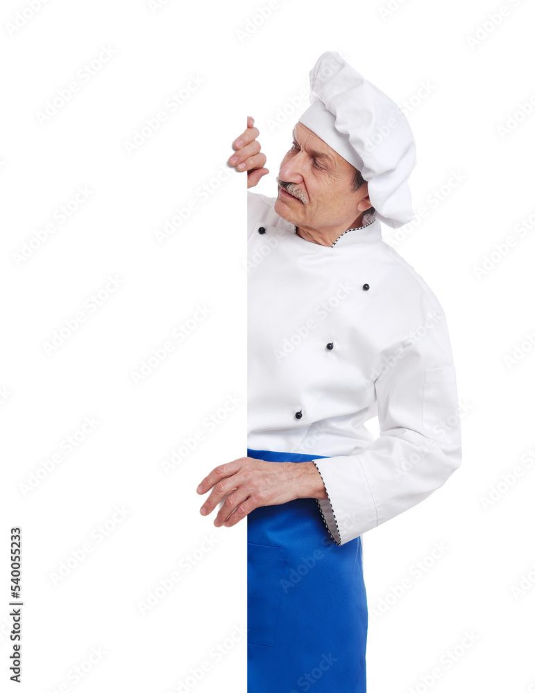 Chef cook looking to the blank board isolated on white Chef cook looking to the blank board isolated on white