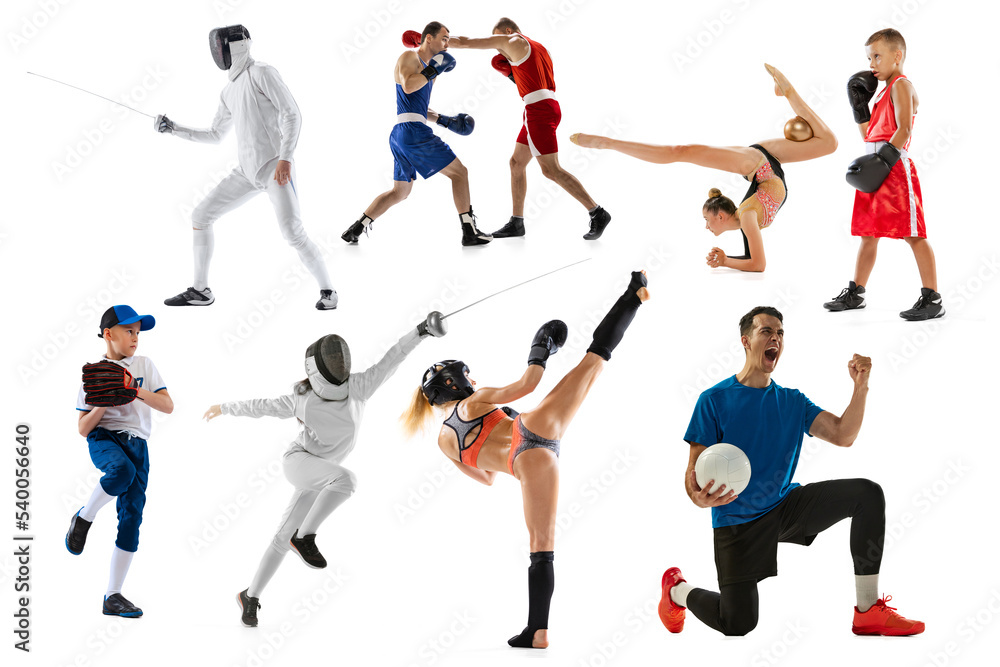 Fototapeta premium Sport collage of professional athletes or players on white background, flyer. Concept of motion, action, power, target and achievements, healthy, active