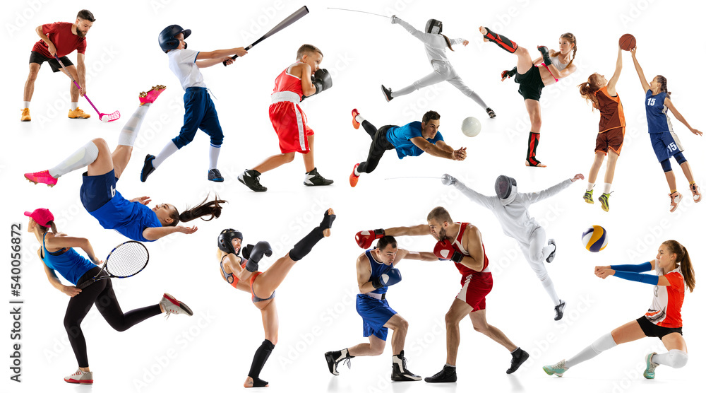 Sport collage of professional athletes or players on white background, flyer. Concept of motion, action, power, target and achievements, healthy, active