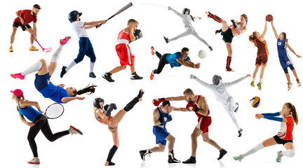 Sport collage of professional athletes or players on white background, flyer. Concept of motion, action, power, target and achievements, healthy, active