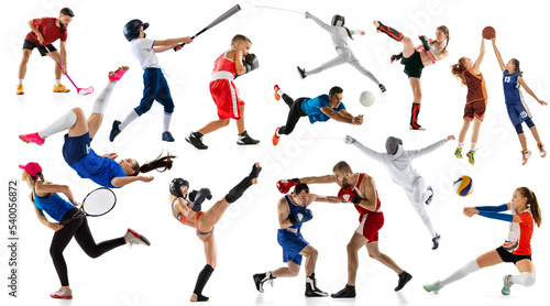 Sport collage of professional athletes or players on white background  flyer. Concept of motion  action  power  target and achievements  healthy  active