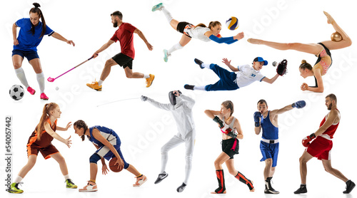 Fototapeta Naklejka Na Ścianę i Meble -  Sport collage of professional athletes or players on white background, flyer. Concept of motion, action, power, target and achievements, healthy, active