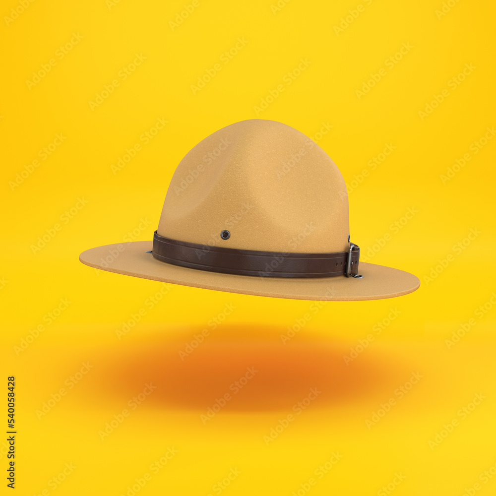 Fototapeta premium Scout hat, ranger hat, sand-colored campaign hat floating on a yellow background, 3d render