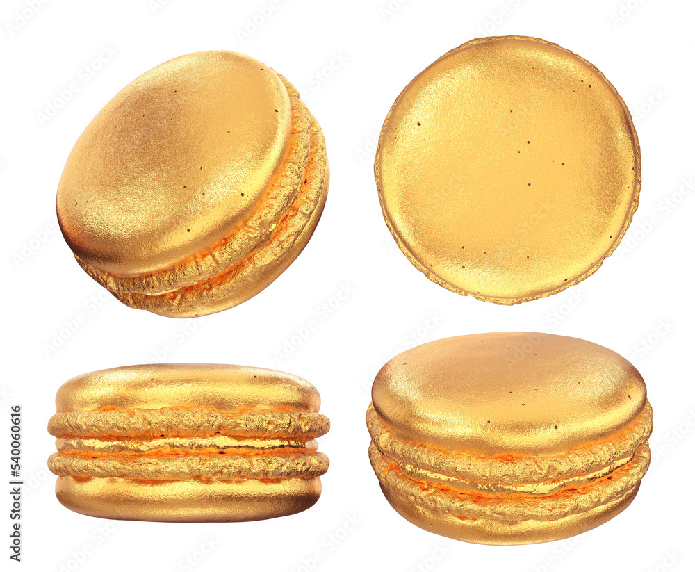 A set of golden macaroons from different angles on the side, top, front on a white background, 3d render A set of golden macaroons from different angles on the side, top, front on a white background, 3d render