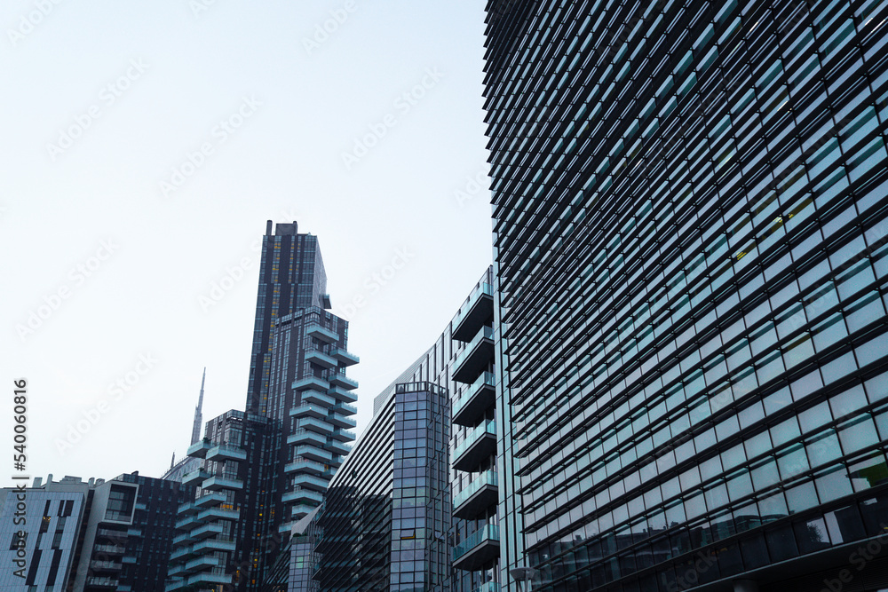 modern buildings in european futuristic city in italy in cosmopolitan blue and gray colors