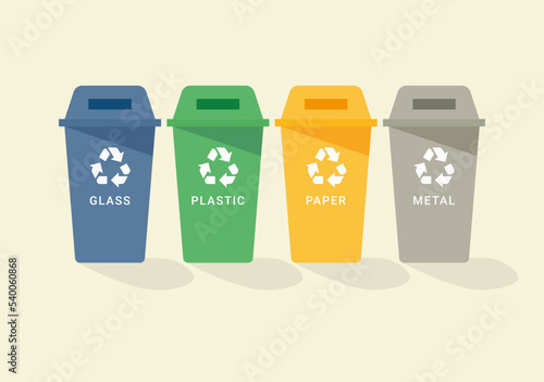 Recycling bins. Containers with separated garbage. Waste cans for glass, plastic, paper and metal