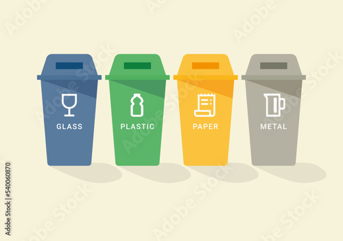 Recycling bins. Containers with separated garbage. Waste cans for glass, plastic, paper and metal.