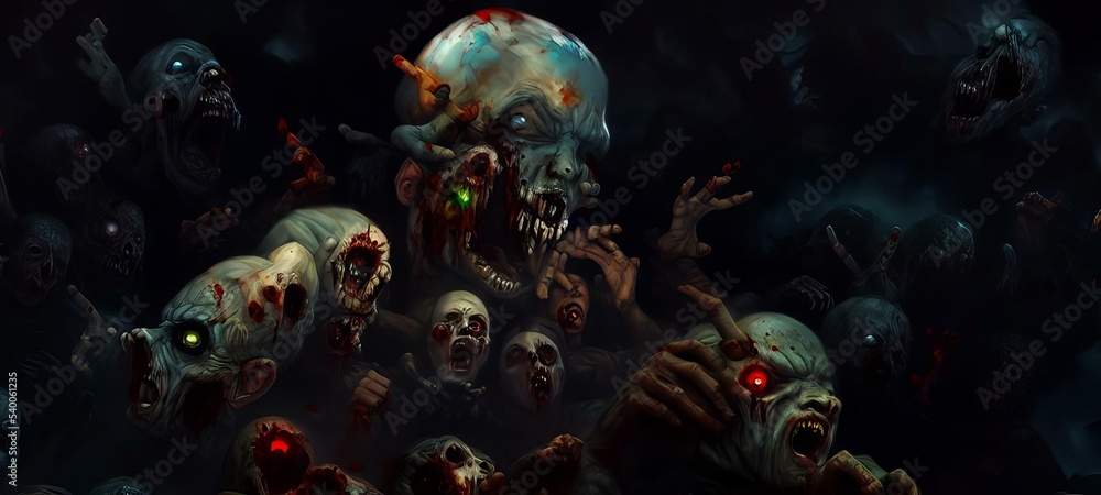 Horror Scary Zombies With Their Mouths Open, Lovely Zombie Horror Concept  Backdrop Wallpaper Background. Cinematic Concept Art Style. Stock  Illustration | Adobe Stock