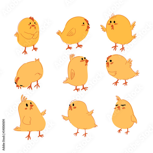 Set of chicken, hen, little chick sketch hand drawn icon character vector illustration.