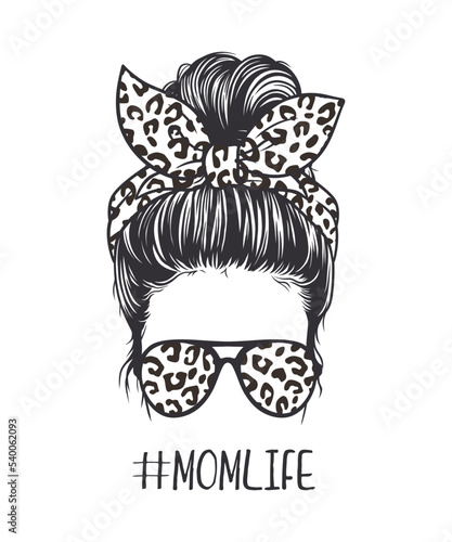 Black and white vector illustration of woman messy bun hairstyle, wearing leopard-patterned glasses and ribbon