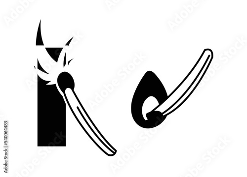 A set of silhouettes of matches in different states. Illustration in the style of flat contour graphics. Flame from a lit match. Striking a match on a matchbox. Symbol of ignition and burning.