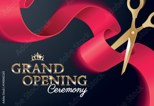 Grand opening invitation card with curving ribbon and gold scissors . Grand opening concept. Vector illustration