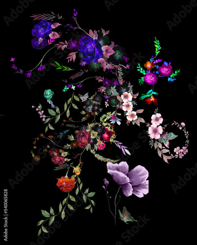 watercolor painting of leaves and flower, on dark background