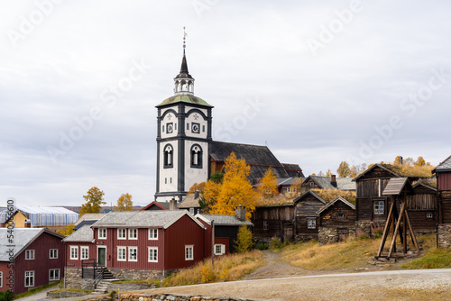 Roros, Norway - September 29, 2022: View of Røros town in Norway. 
Røros is a town in Norway and is on the UNESCO World Heritage List under the name Røros Mining Town and the Circumference. 
 photo