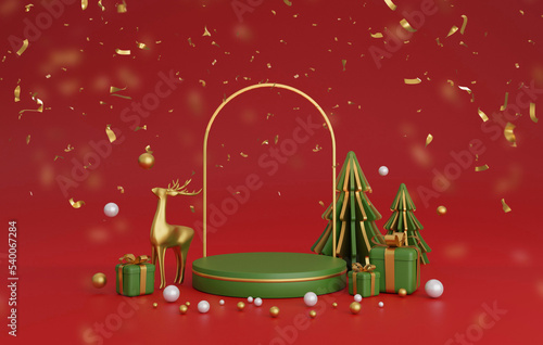 Product podium, Christmas Realistic 3D trending backgrounds. 3D geometric minimalistic Christmas trees decoration for flyer, banner, advertisement.	
