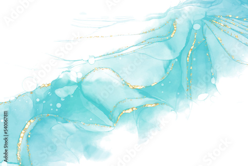 Pastel cyan mint liquid marble watercolor background with gold lines and brush stains. Teal turquoise marbled alcohol ink drawing effect. Vector illustration backdrop, watercolour wedding invitation.