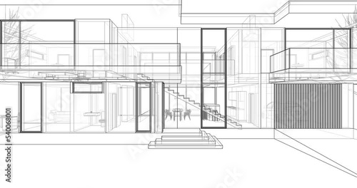 Modern house building sketch architectural 3d rendering 