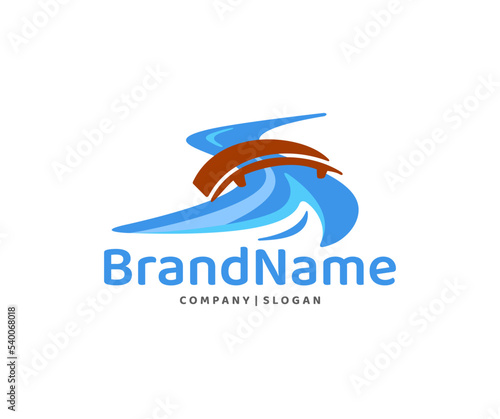 Wooden bridge over a flowing river logo design. Fast river flow and footbridge vector design