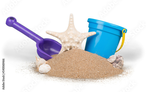 Toy Bucket and Shovel with Sand and Seashells