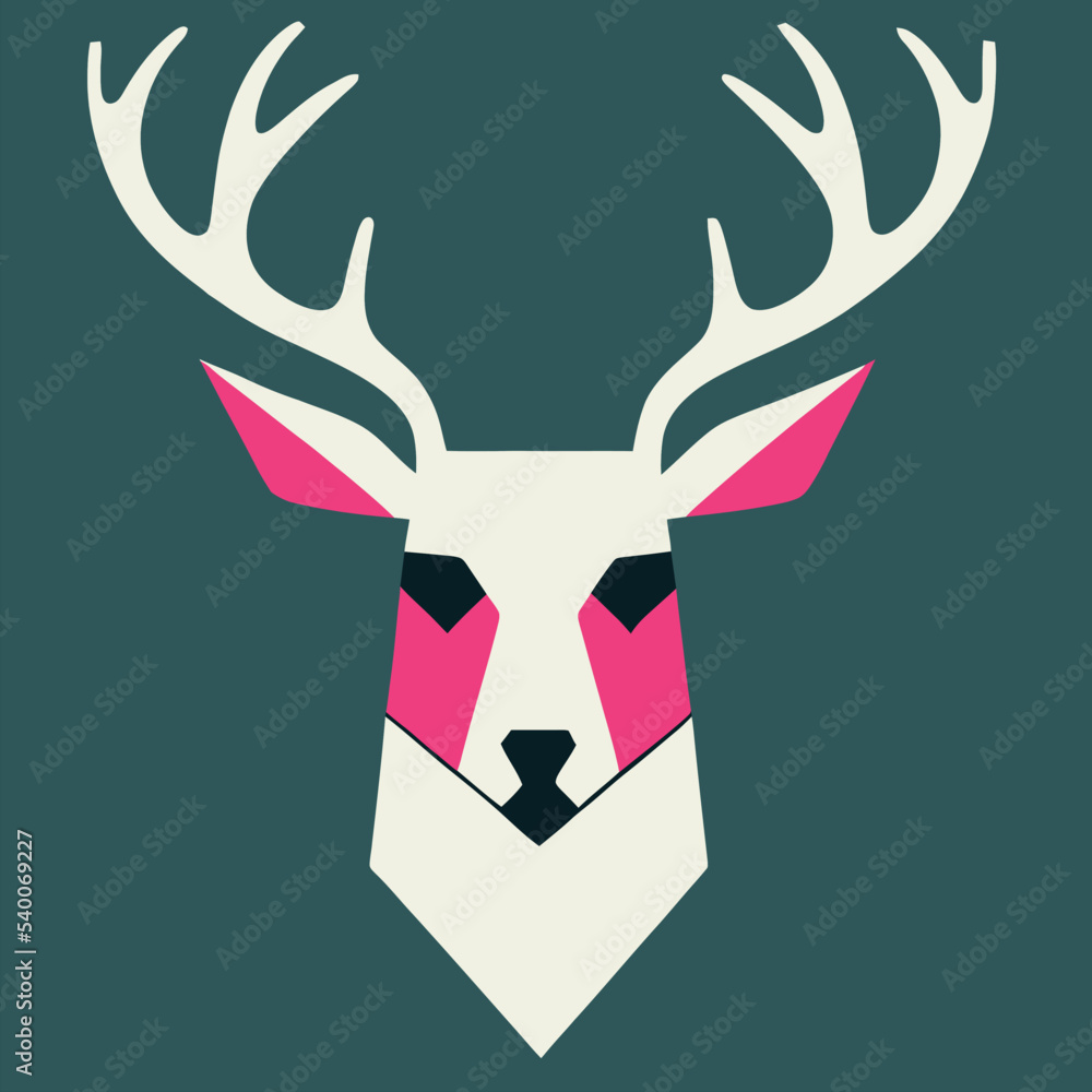 Deer face vector illustration. Pop art animal reindeer head, creative character mascot logo symmetry design. Bright neon colors sticker. Deers, pets, animal lovers theme design element.