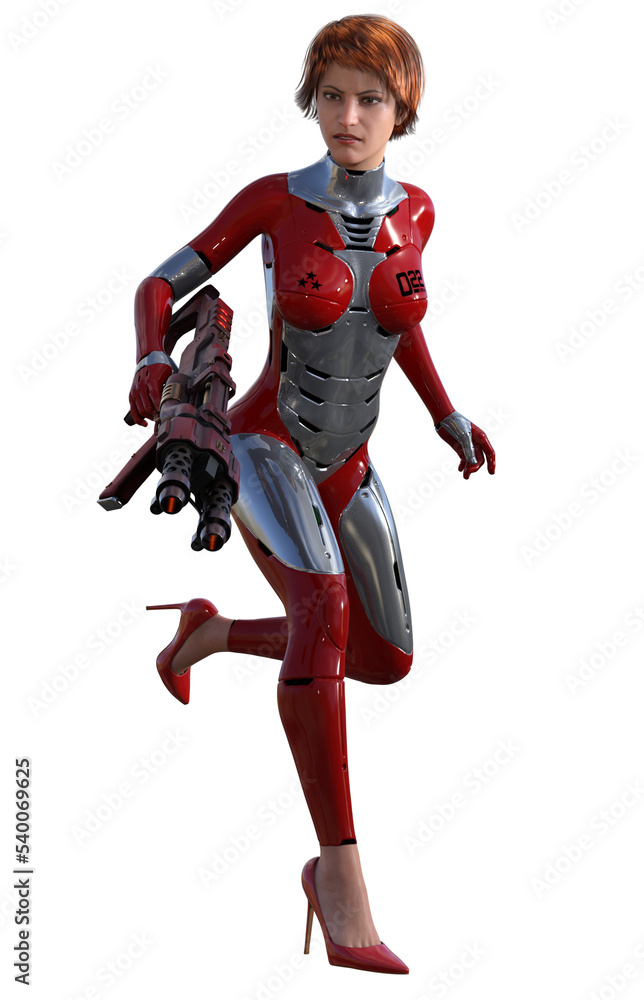 futuristic warrior woman in a red and silver suit, armed with rifle, 3d render futuristic warrior woman in a red and silver suit, armed with rifle, 3d render