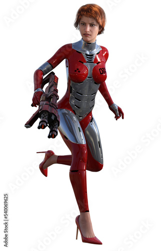 futuristic warrior woman in a red and silver suit, armed with rifle, 3d render © Tiziano Cremonini
