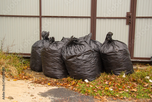 black bags of leaves or debris stand near the gate