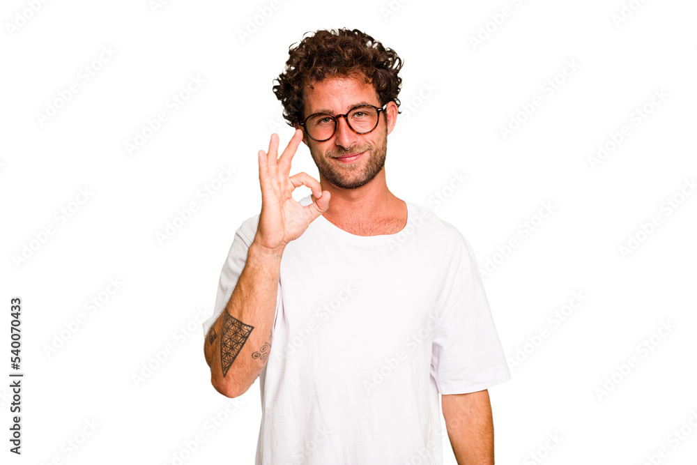 Young caucasian curly hair man isolated Young caucasian man with curly hair isolated cheerful and confident showing ok gesture. Young caucasian curly hair man isolated Young caucasian man with curly hair isolated cheerful and confident showing ok gesture.