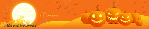Pumpkins with glowing faces on an orange background, a graveyard on the horizon and a full moon. Happy Halloween, vector illustration in warm colors. Banner for the site header with pumpkin lanterns