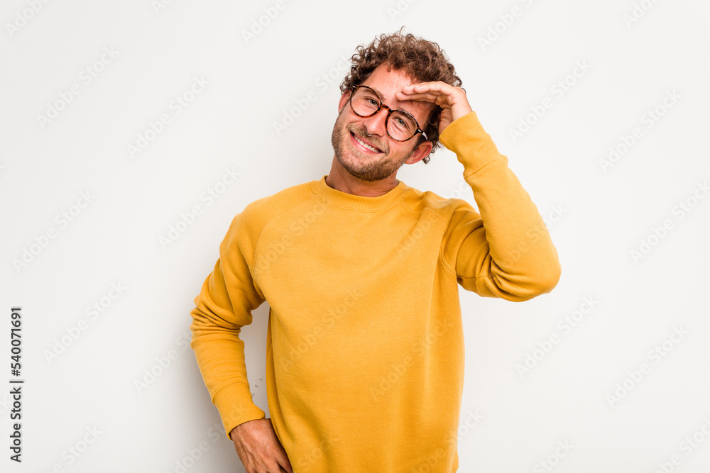 Young caucasian curly hair man isolated on white background joyful laughing a lot. Happiness concept. Young caucasian curly hair man isolated on white background joyful laughing a lot. Happiness concept.