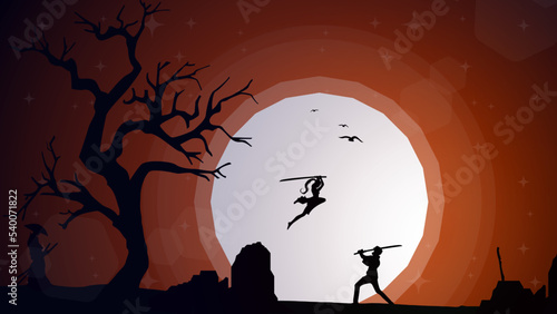 swordsman duel. silhouette of a person. two swordsmen fighting. female swordsman jumps to attack the enemy. duel. sunset walpaper. 