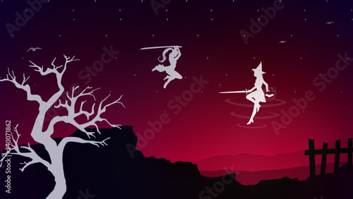 female swordsman duel. float witch. two swordsmen fighting. female swordsman jumps to attack. duel. sunset walpaper. sword mage. 