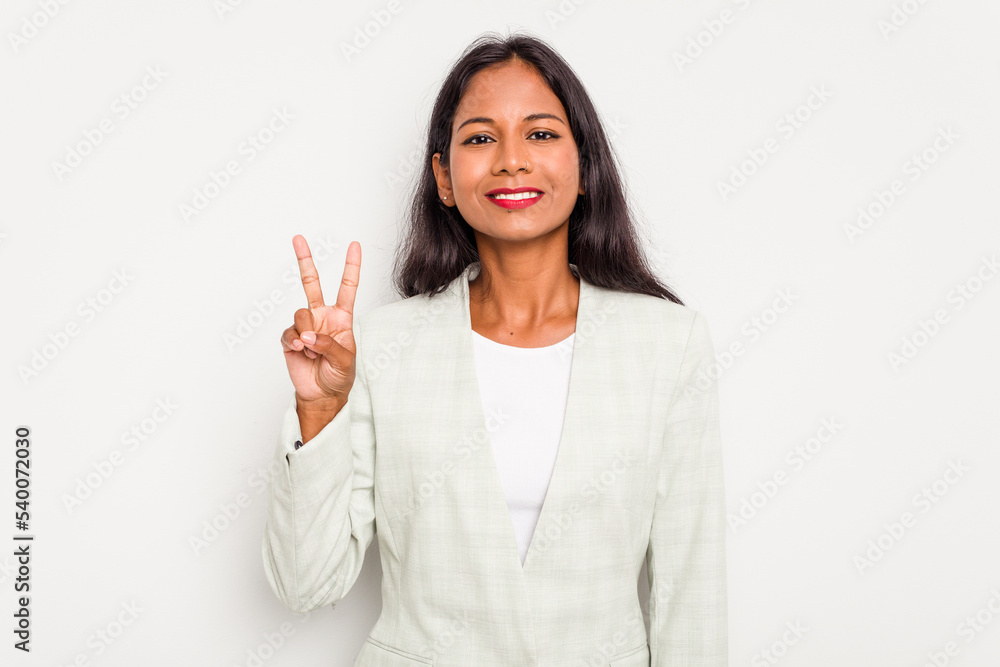 Young business Indian woman isolated on white background showing number two with fingers. Young business Indian woman isolated on white background showing number two with fingers.