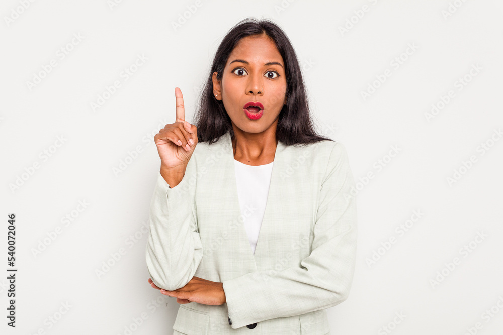 Young business Indian woman isolated on white background having some great idea, concept of creativity. Young business Indian woman isolated on white background having some great idea, concept of creativity.