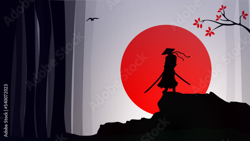 silhouette of a samurai in the night background. Japanese samurai warrior with a sword. Samurai with red moon walpaper. red moon. japanese theme walpaper.