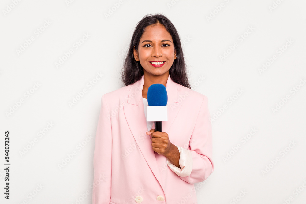 Young TV presenter indian woman isolated on white background happy, smiling and cheerful. - obrazy, fototapety, plakaty 