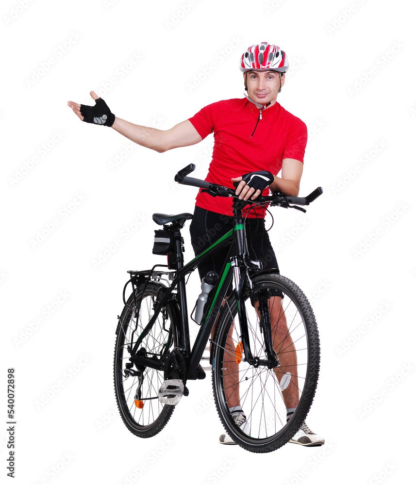 Naklejka premium Cyclist in a white studio pointing to the side