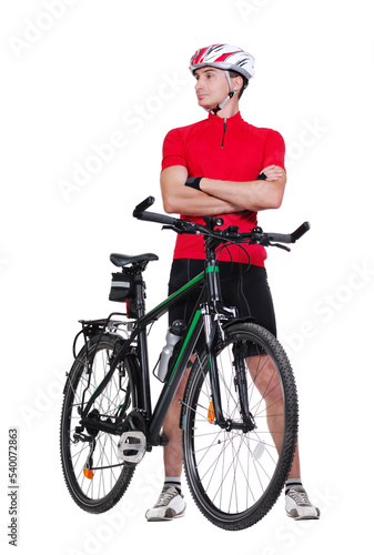 Confident cyclist looking to the copy space area