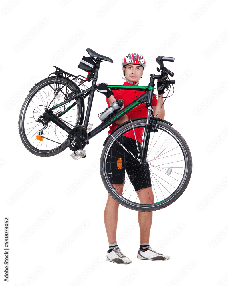 Obraz premium Full length front view picture of a cyclist carrying his bicycle
