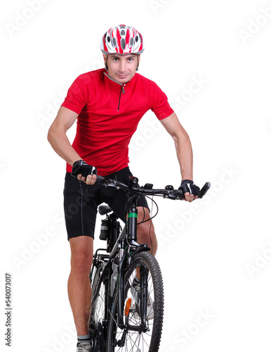 Front view picture of a cycling man isolated on white