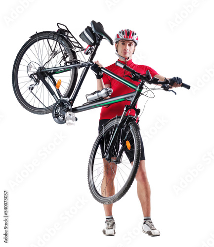 Front view picture of a cyclist carrying his mountain bicycle