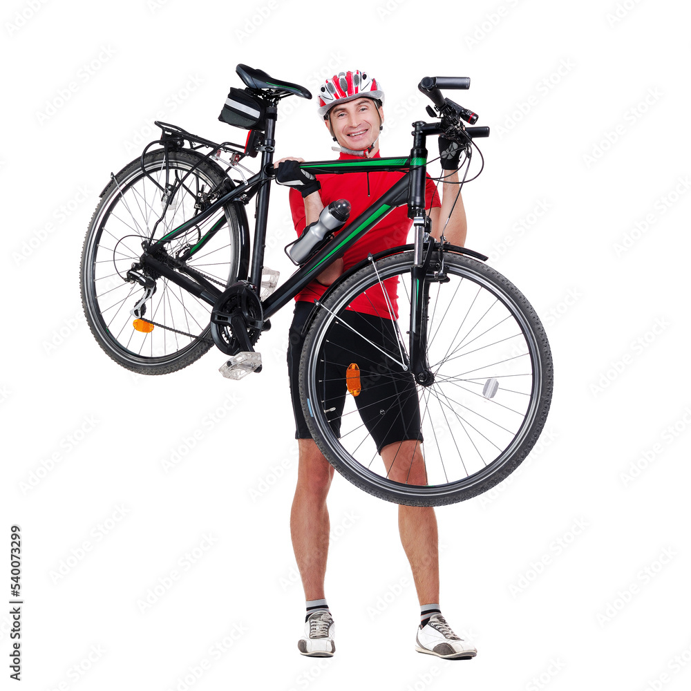 Happy standing cyclist holding his bicycle in hands Happy standing cyclist holding his bicycle in hands