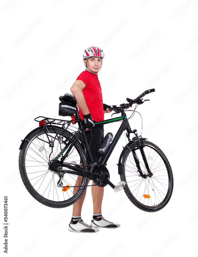 Side view picture of a standing cyclist holding his bicycle in hands Side view picture of a standing cyclist holding his bicycle in hands