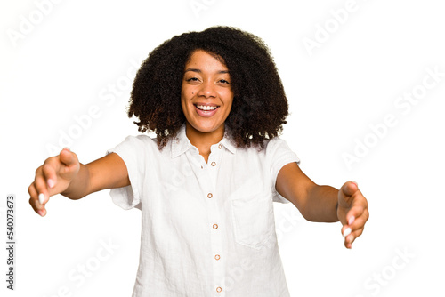 Young African American woman isolated showing a welcome expression.