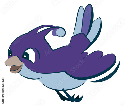 Flying happy bird. Blue cheerful cartoon character