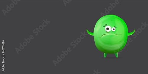 Vector cartoon funny green alien monster isolated on grey background. Sad silly green monster print sticker design template. Cute sad Ghost, troll, gremlin, goblin, devil and halloween monster