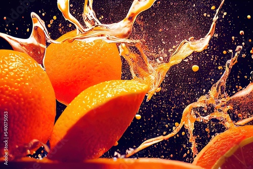 Sweet orange juice explosion, splash through flying fruits. Nectar, extract, essence of fresh falling oranges. Juicy, refreshing drink. Vfx shot, fluid simulation. 3d illustration