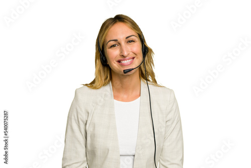 Cuadro en lienzo Telemarketer caucasian woman working with a headset isolated on green chroma background happy, smiling and cheerful